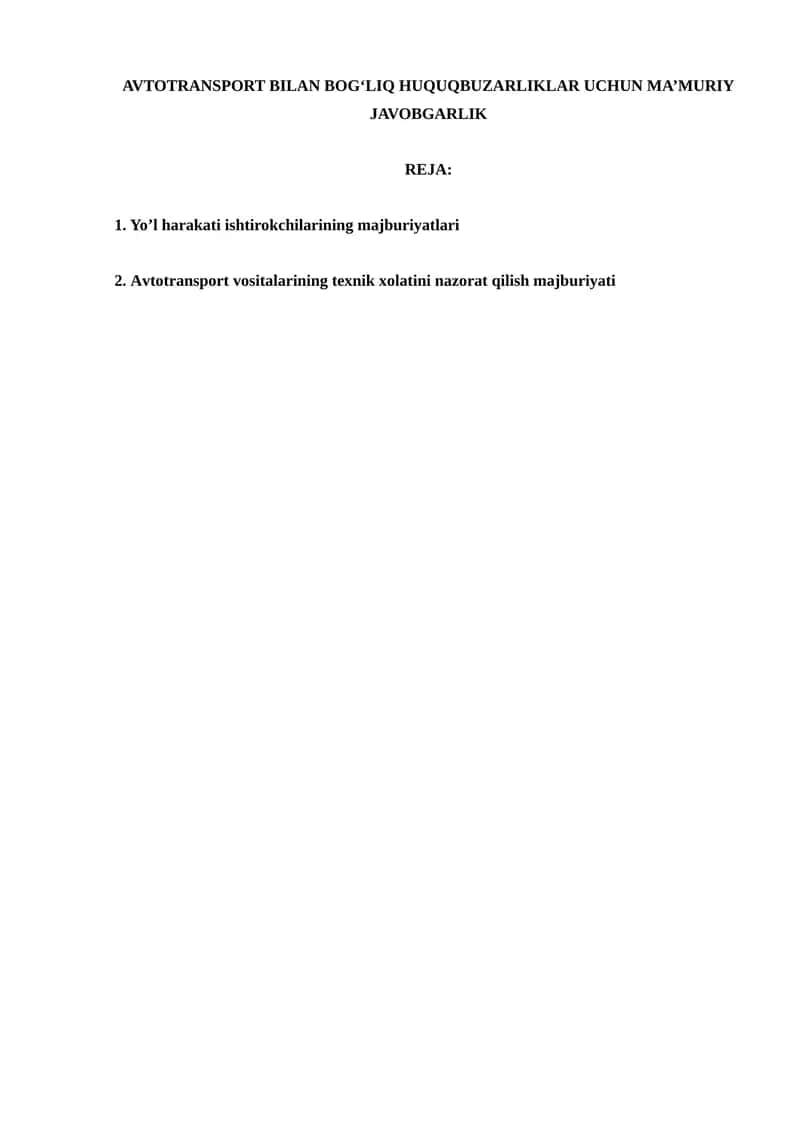 AVTOTRANSPORT BILAN BOG‘LIQ HUQUQBUZARLIKLAR UCHUN MA’MURIY JAVOBGARLIK