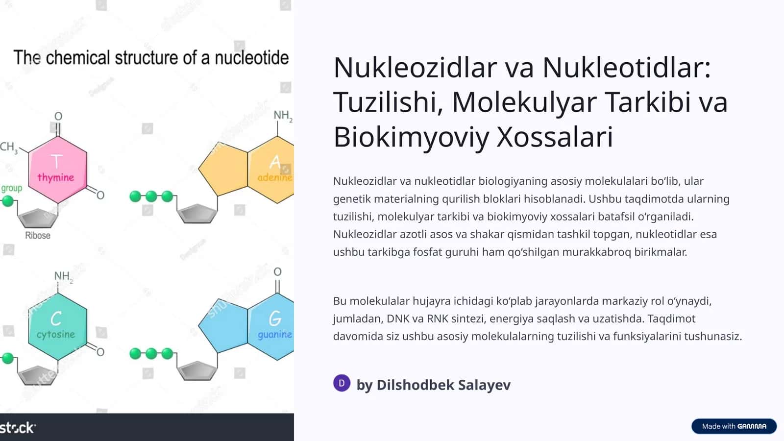 Nukleozidlar va Nukleotidlar: Tuzilishi, Molekulyar Tarkibi va Biokimyoviy Xossalari