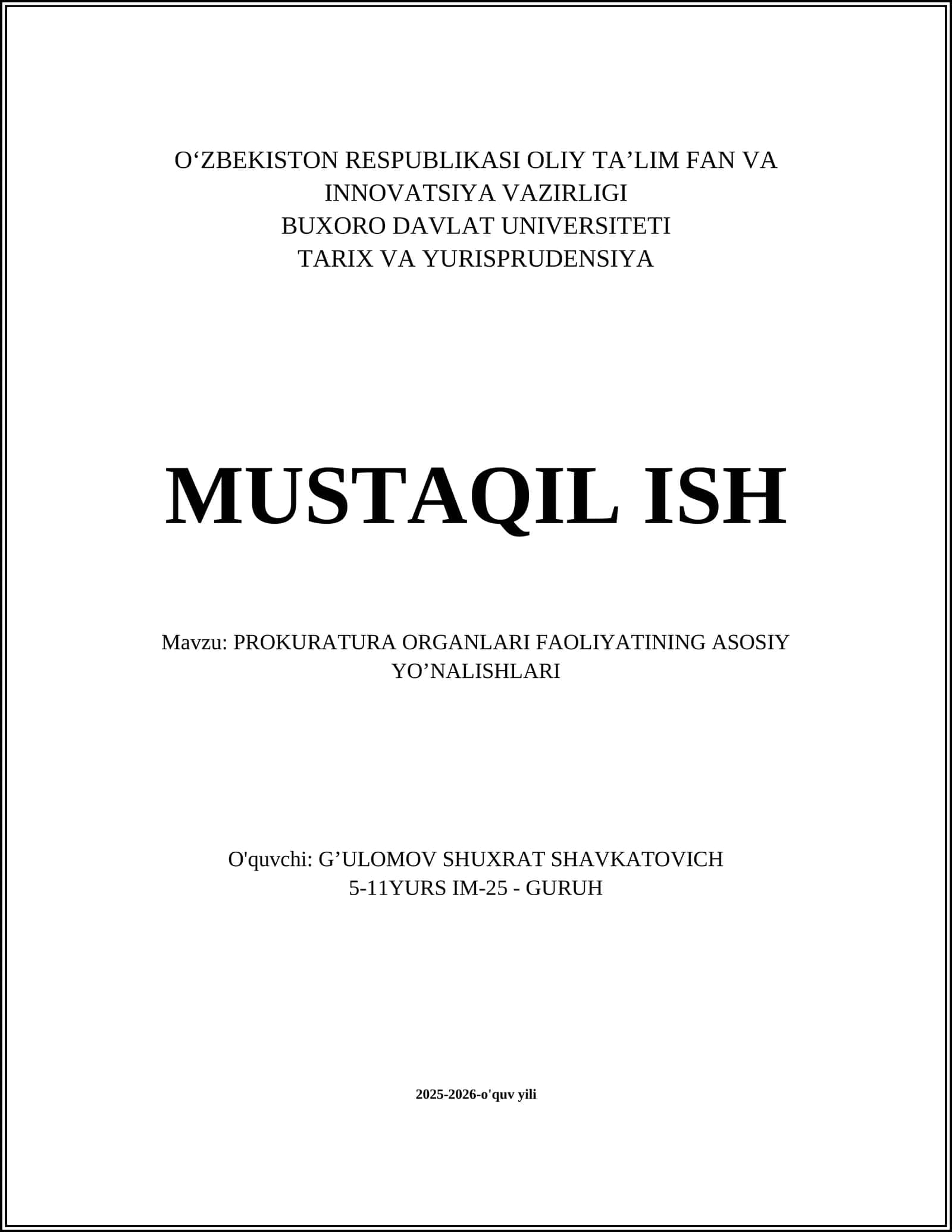PROKURATURA ORGANLARI FAOLIYATINING ASOSIY YO’NALISHLARI