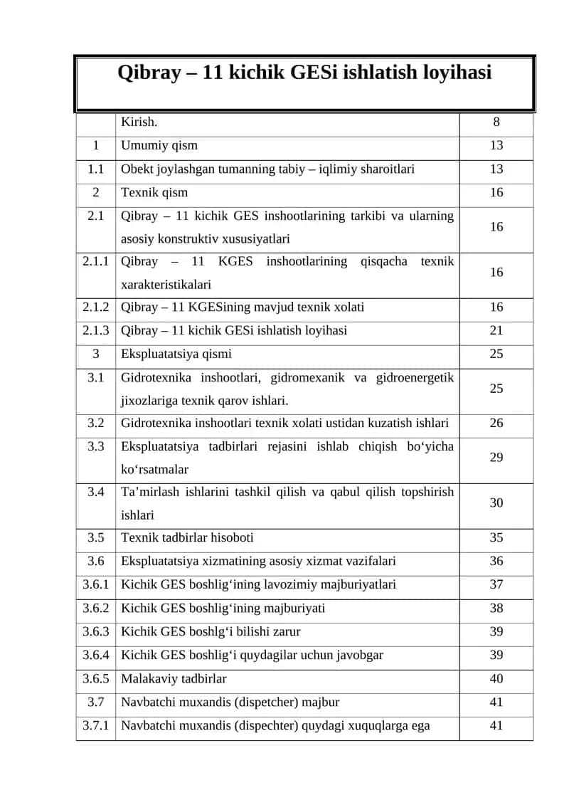 Qibray – 11 kichik GESi ishlatish loyihasi
