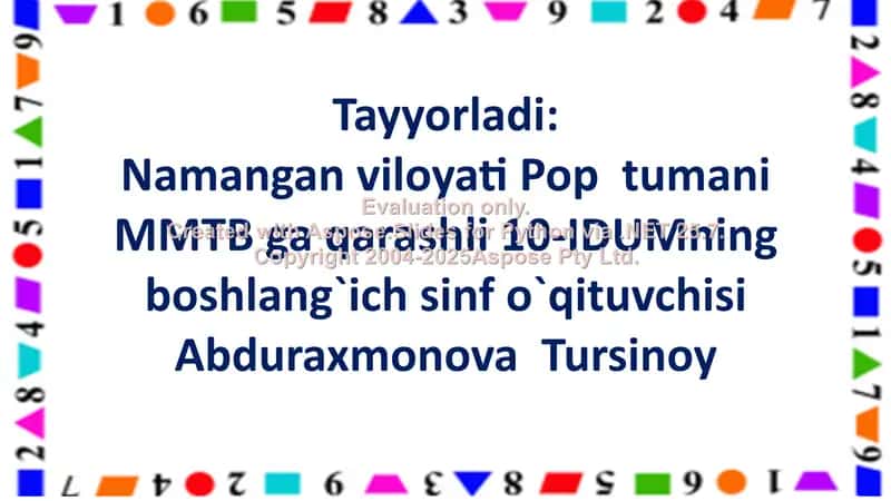Namangan viloyati Pop tumani MMTB 10-IDUM 1-sinf o‘qituvchisi Abduraxmonova Tursinoy math dars masalasi