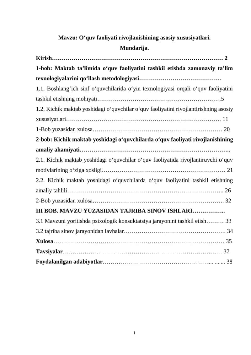 O‘quv faoliyati rivojlanishining asosiy xususiyatlari