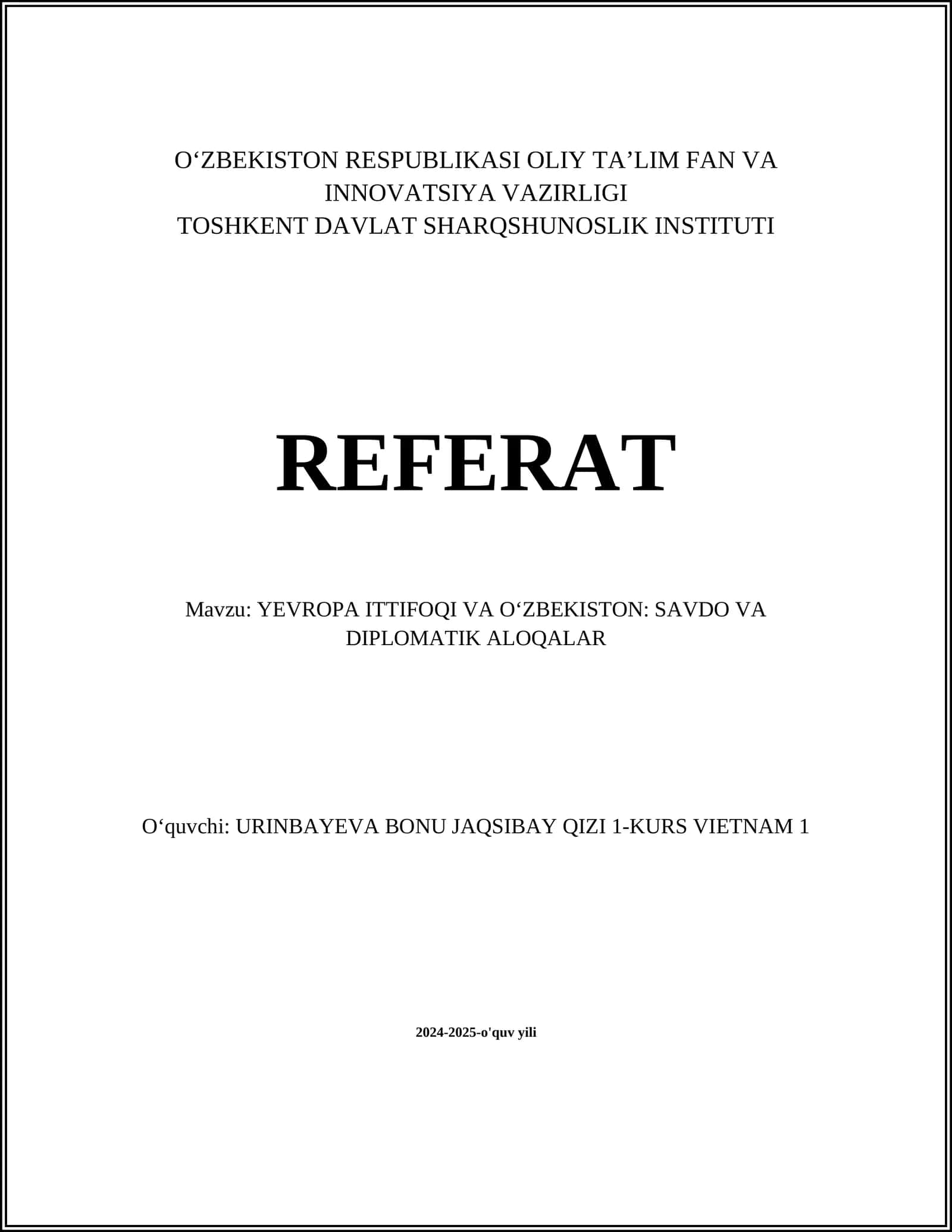 YEVROPA ITTIFOQI VA OʻZBEKISTON: SAVDO VA DIPLOMATIK ALOQALAR
