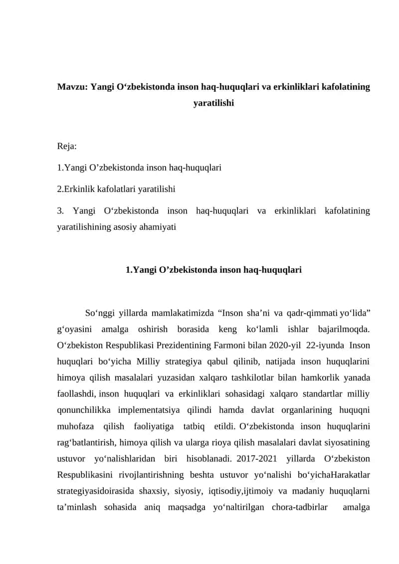 Yangi O‘zbekistonda inson haq-huquqlari va erkinliklari kafolatining yaratilishi