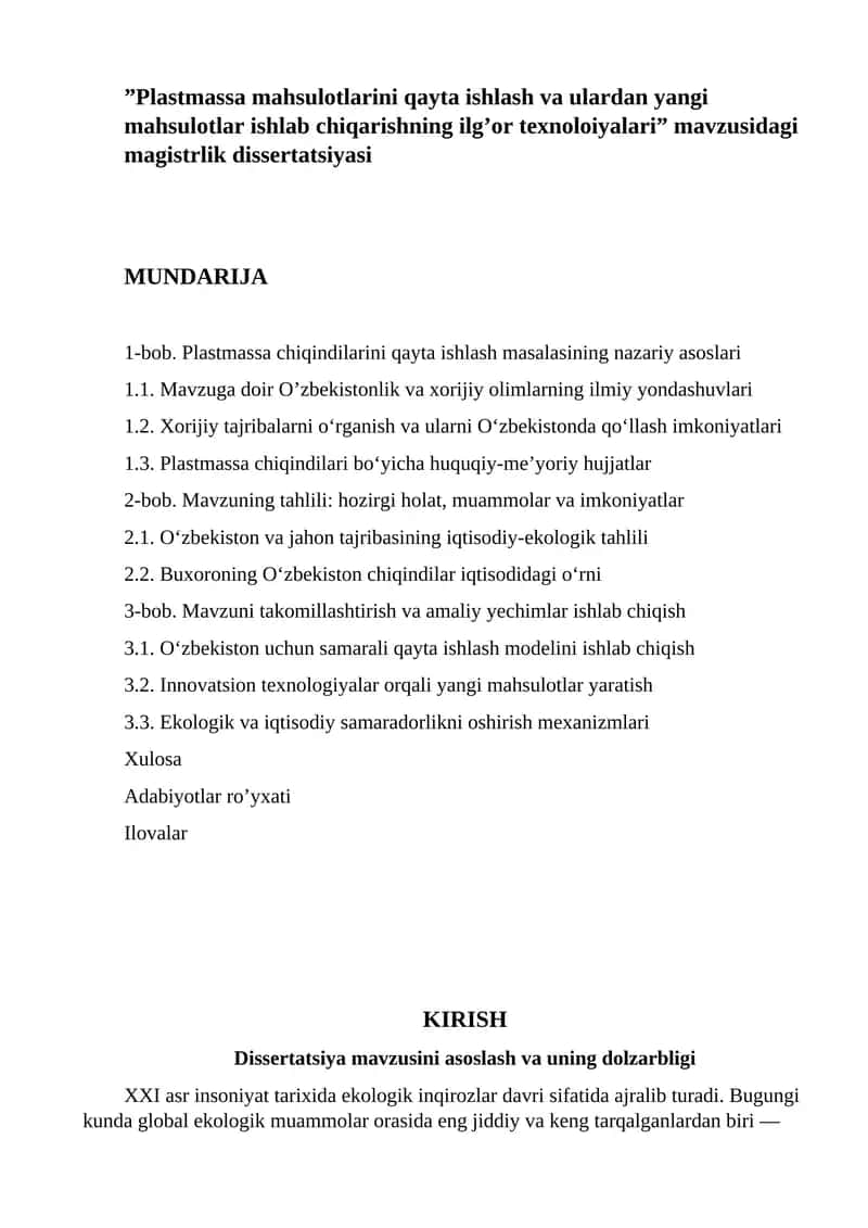 Plastmassa mahsulotlarini qayta ishlash va ulardan yangi mahsulotlar ishlab chiqarishning ilg’or texnoloiyalari