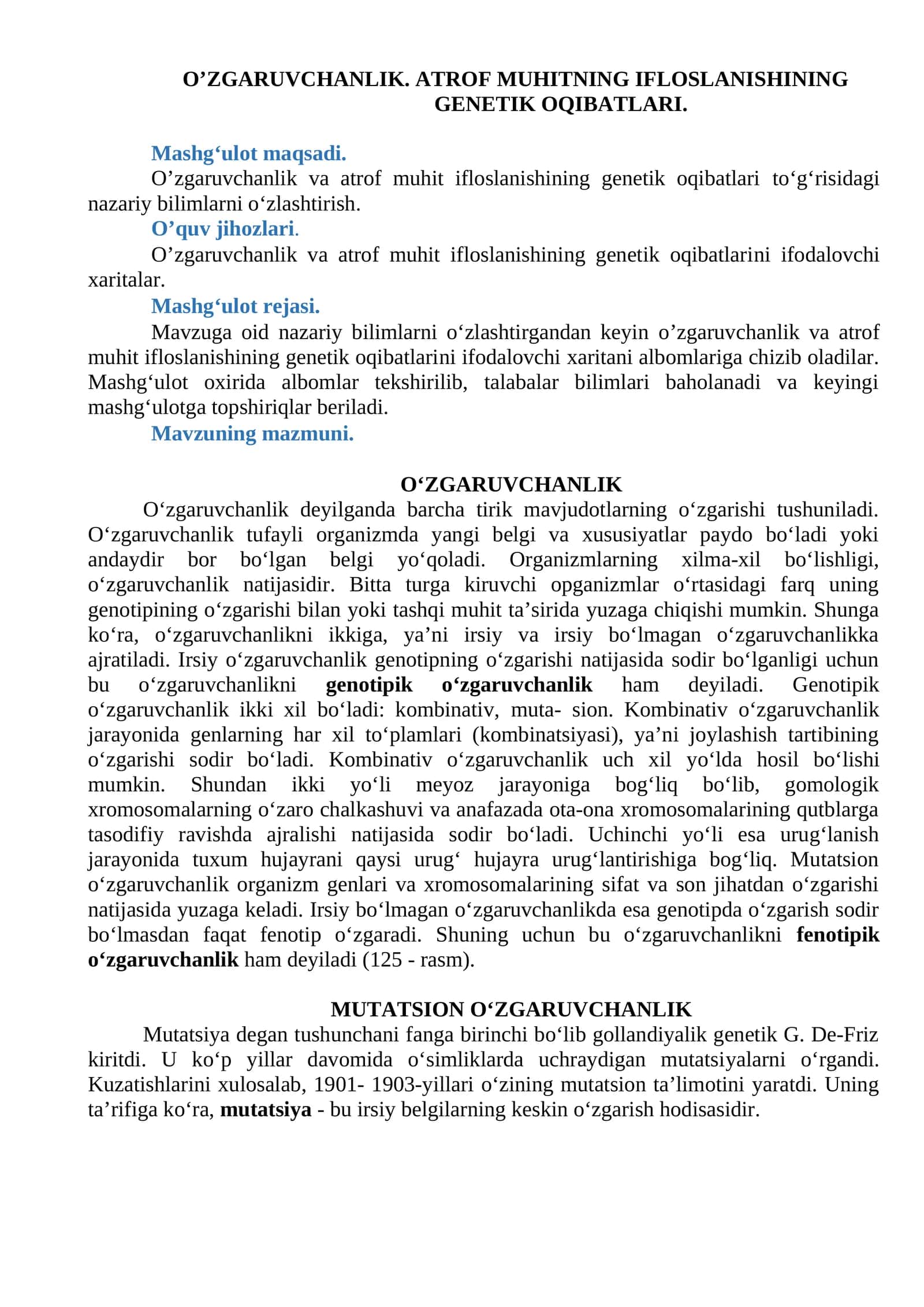 O’ZGARUVCHANLIK. ATROF MUHITNING IFLOSLANISHINING GENETIK OQIBATLARI