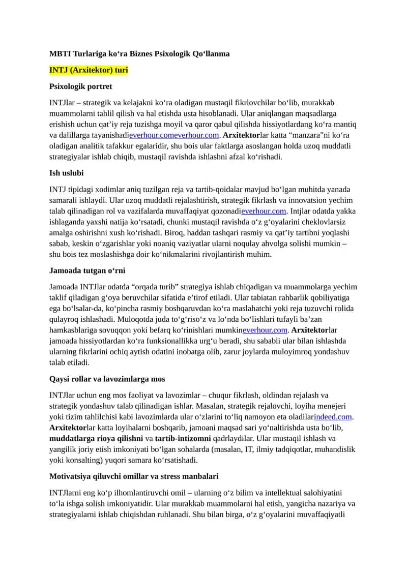MBTI Turlariga ko‘ra Biznes Psixologik Qo‘llanma