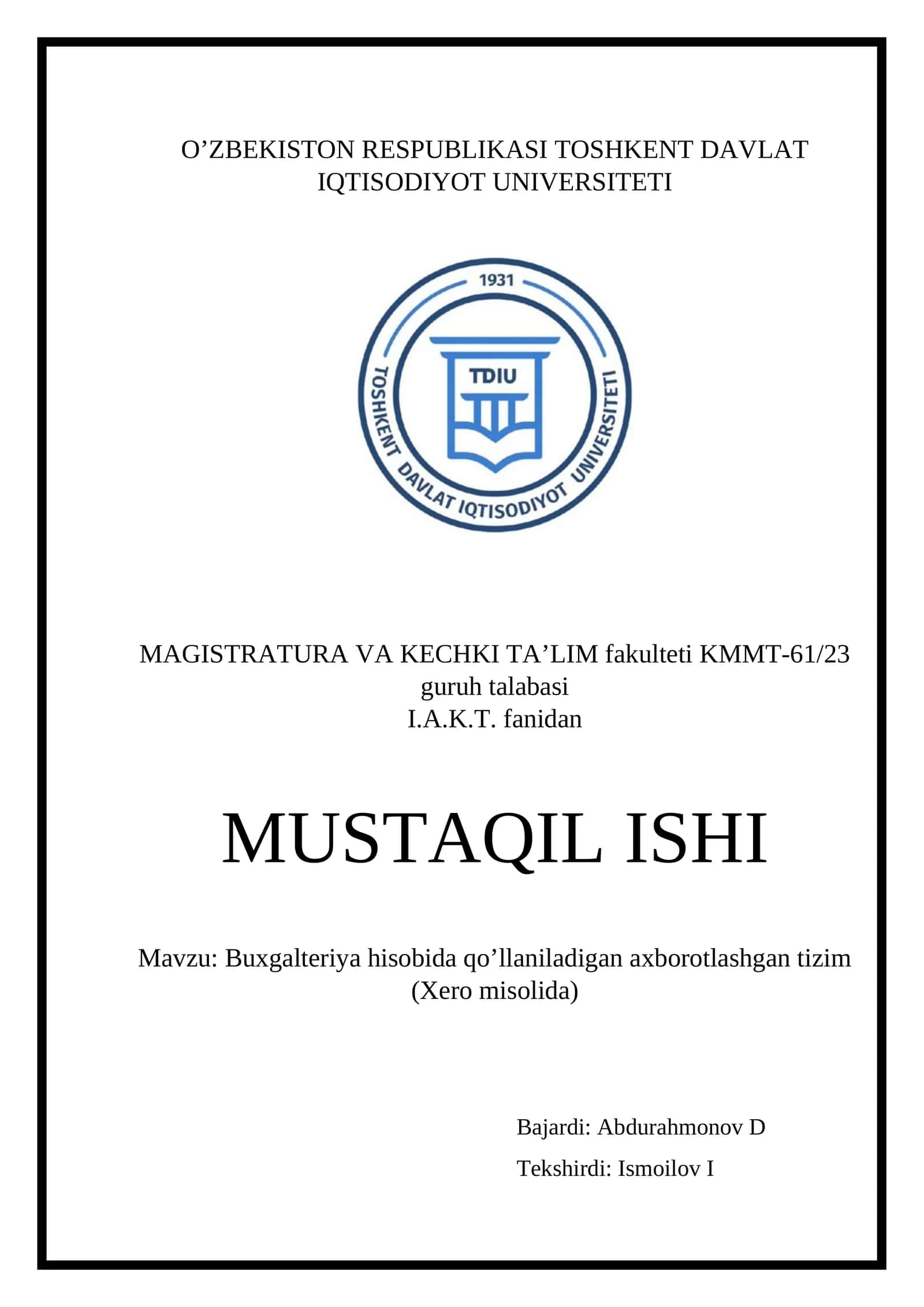 Buxgalteriya hisobida qo’llaniladigan axborotlashgan tizim (Xero misolida)