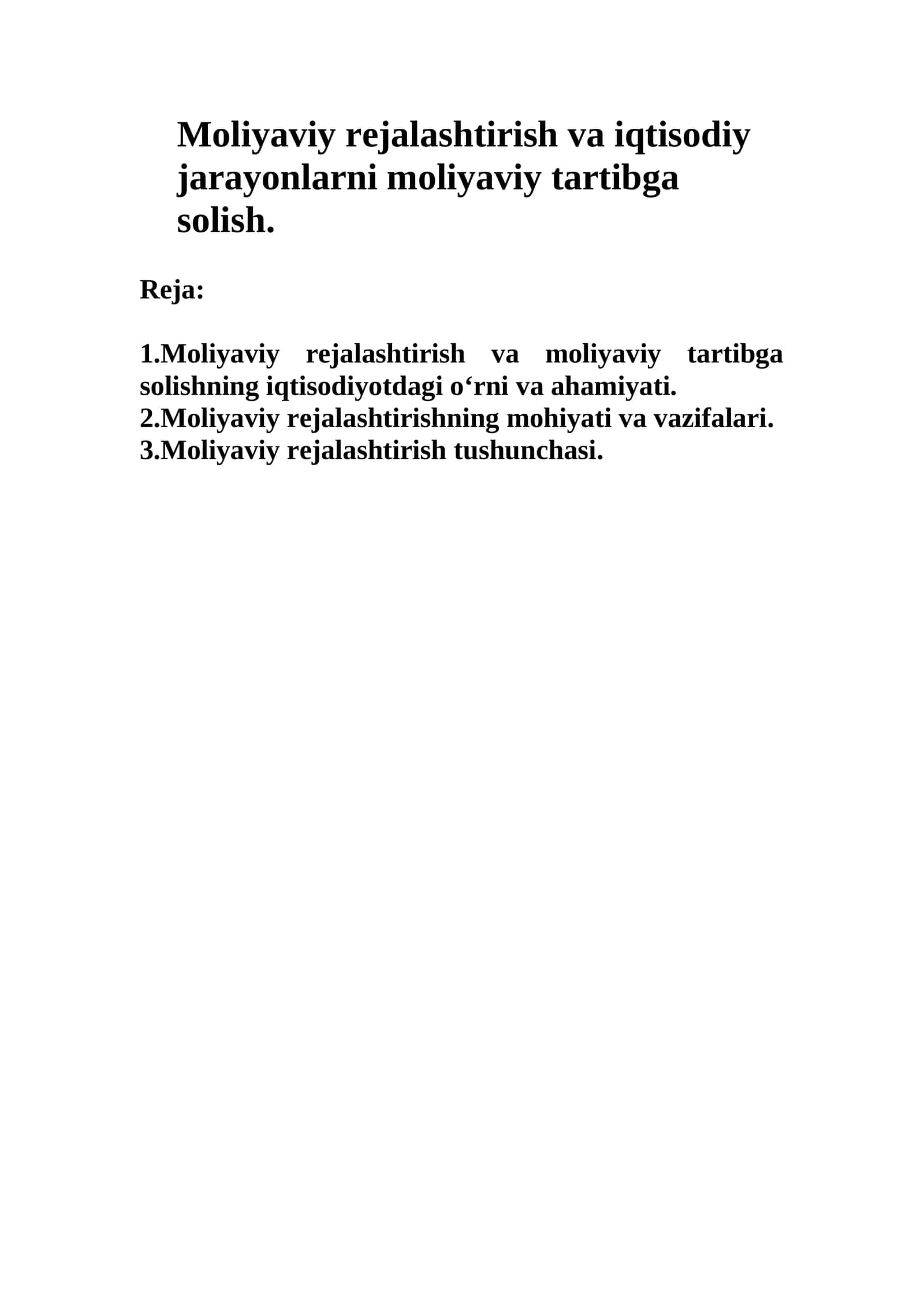 Moliyaviy rejalashtirish va iqtisodiy jarayonlarni moliyaviy tartibga solish