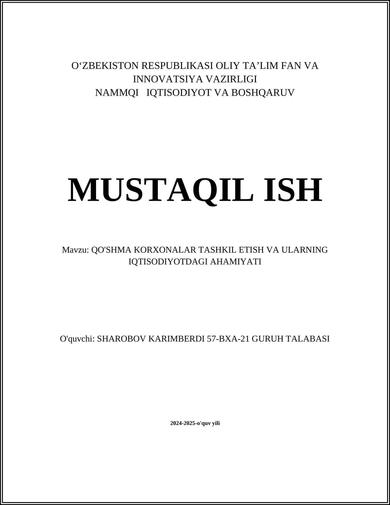 QO'SHMA KORXONALAR TASHKIL ETISH VA ULARNING IQTISODIYOTDAGI AHAMIYATI