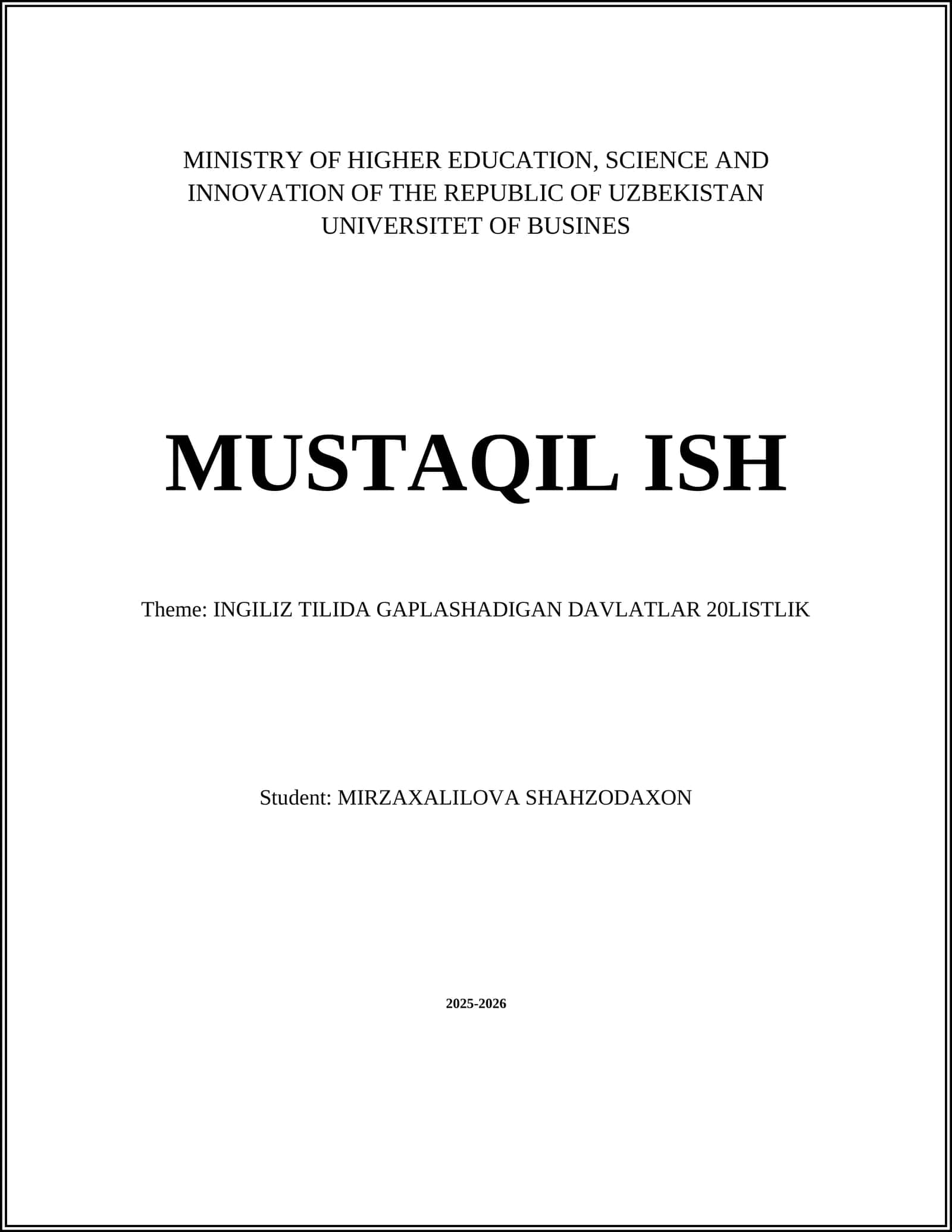 INGILIZ TILIDA GAPLASHADIGAN DAVLATLAR 20LISTLIK