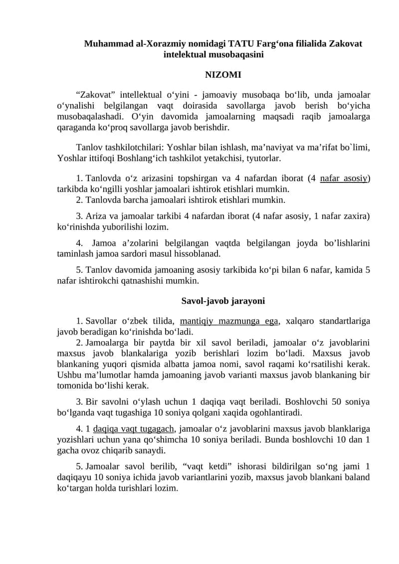 “Zakovat” intellektual o‘yini