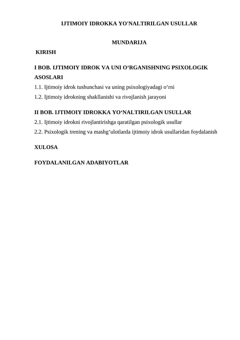 IJTIMOIY IDROKKA YO'NALTIRILGAN USULLAR