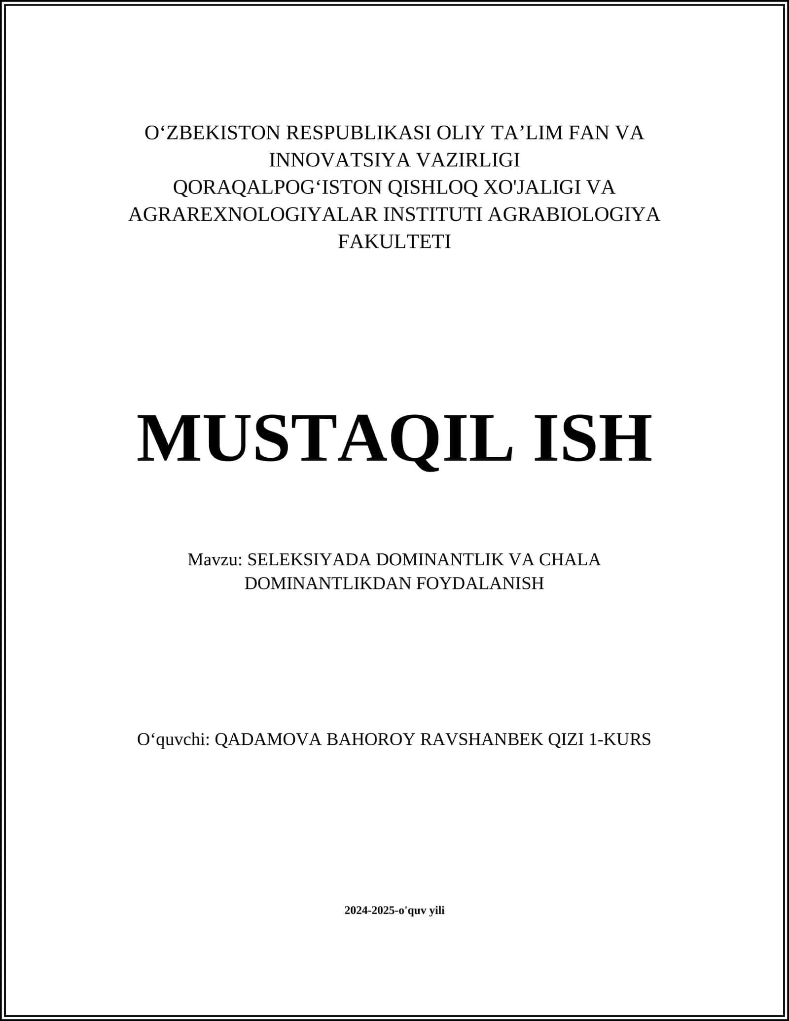 SELEKSIYADA DOMINANTLIK VA CHALA DOMINANTLIKDAN FOYDALANISH
