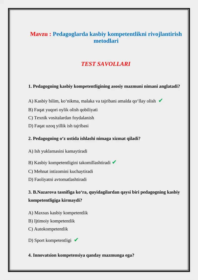 Pedagoglarda kasbiy kompetentlikni rivojlantirish metodlari. TEST JAVOBLARI BILAN