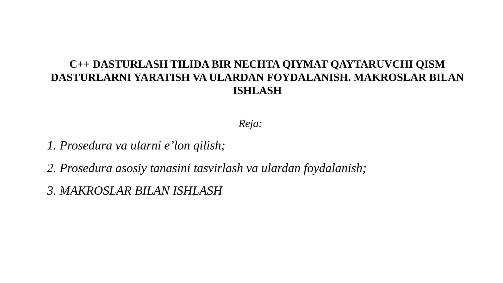 C++ DASTURLASH TILIDA BIR NECHTA QIYMAT QAYTARUVCHI QISM DASTURLARNI YARATISH VA ULARDAN FOYDALANISH