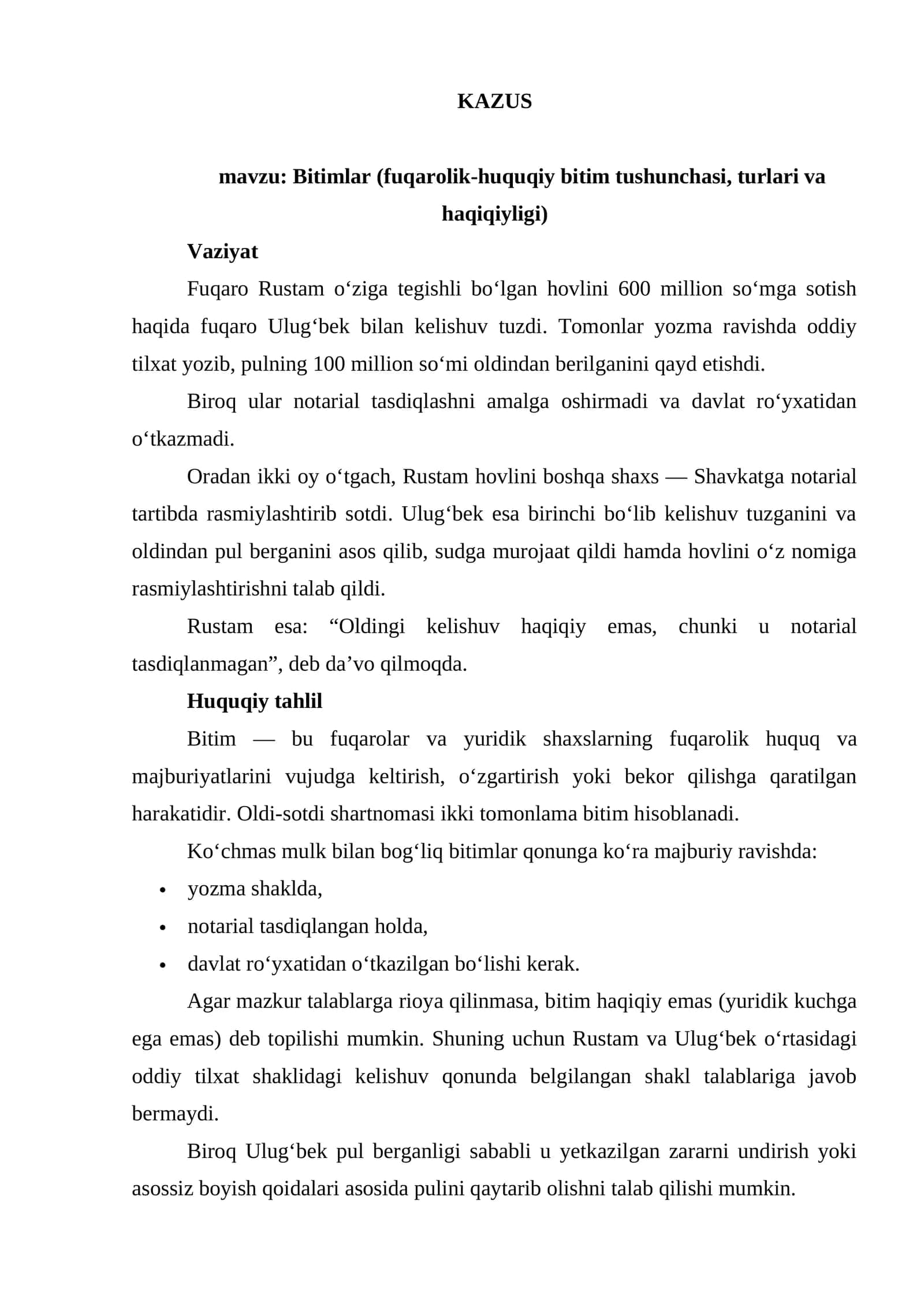 KAZUS Bitimlar (fuqarolik-huquqiy bitim tushunchasi, turlari va haqiqiyligi)