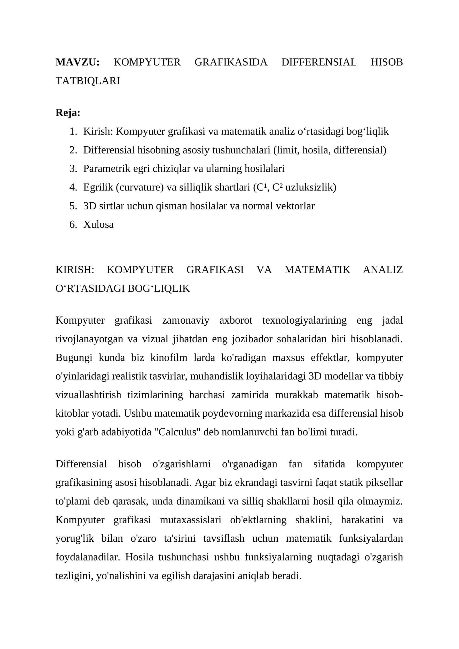 KOMPYUTER GRAFIKASIDA DIFFERENSIAL HISOB TATBIQLARI