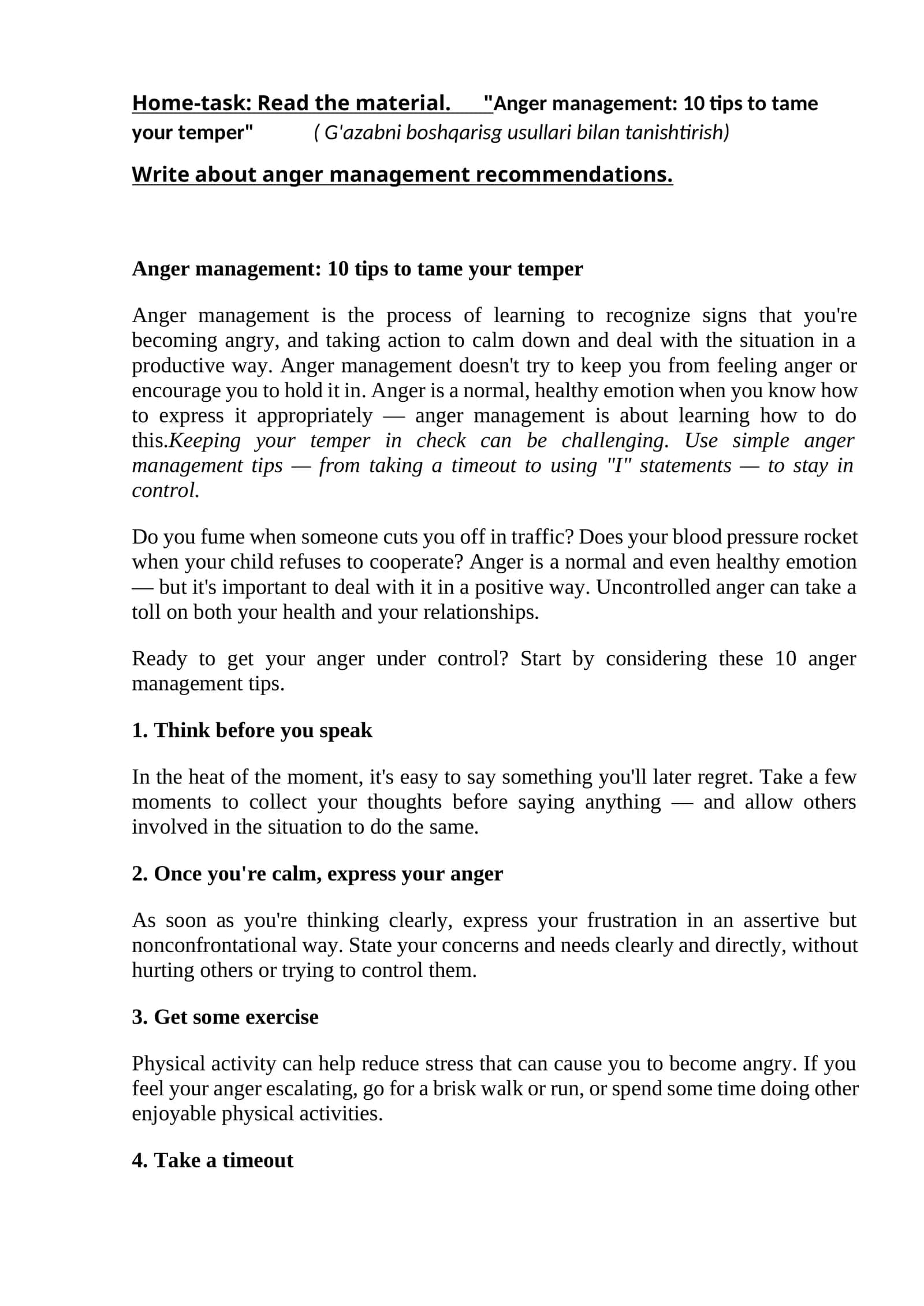 Anger management: 10 tips to tame your temper (G'azabni boshqarisg usullari bilan tanishtirish)