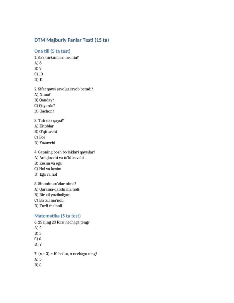 DTM majburiy 3 fan (ona tili, matematika, tarix) bo‘yicha 15 talik test Word faylda 1-namuna.