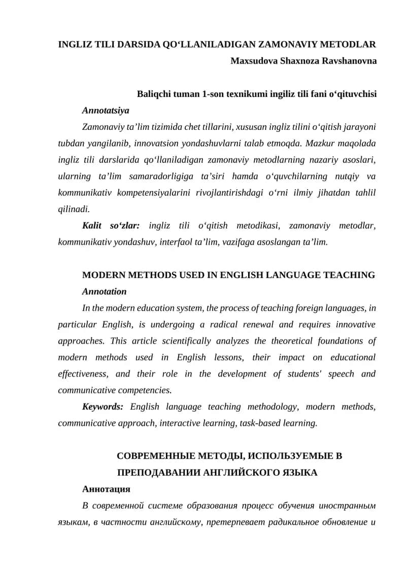 INGLIZ TILI DARSIDA QO‘LLANILADIGAN ZAMONAVIY METODLAR