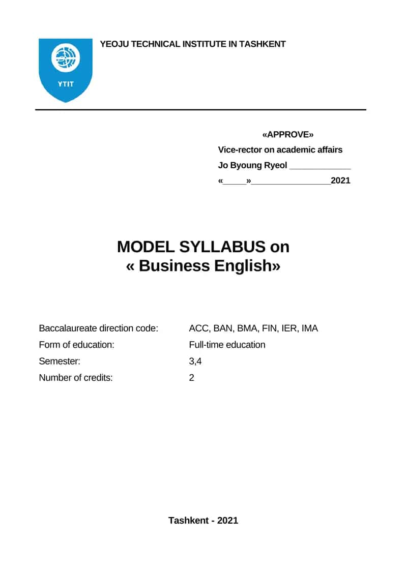 MODEL SYLLABUS on « Business English»