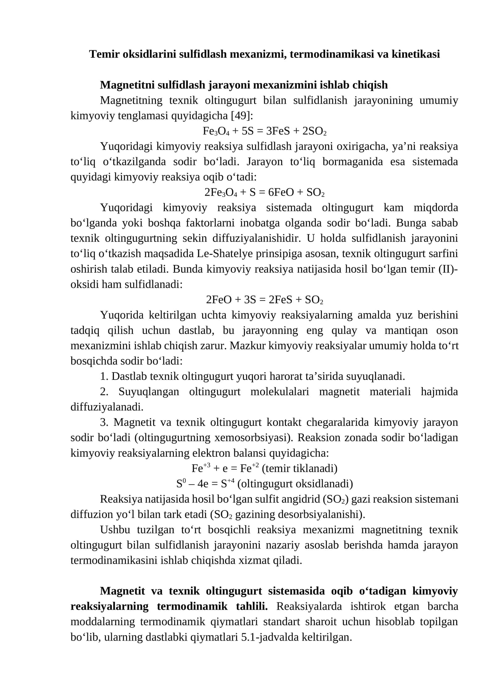Temir oksidlarini sulfidlash mexanizmi, termodinamikasi va kinetikasi