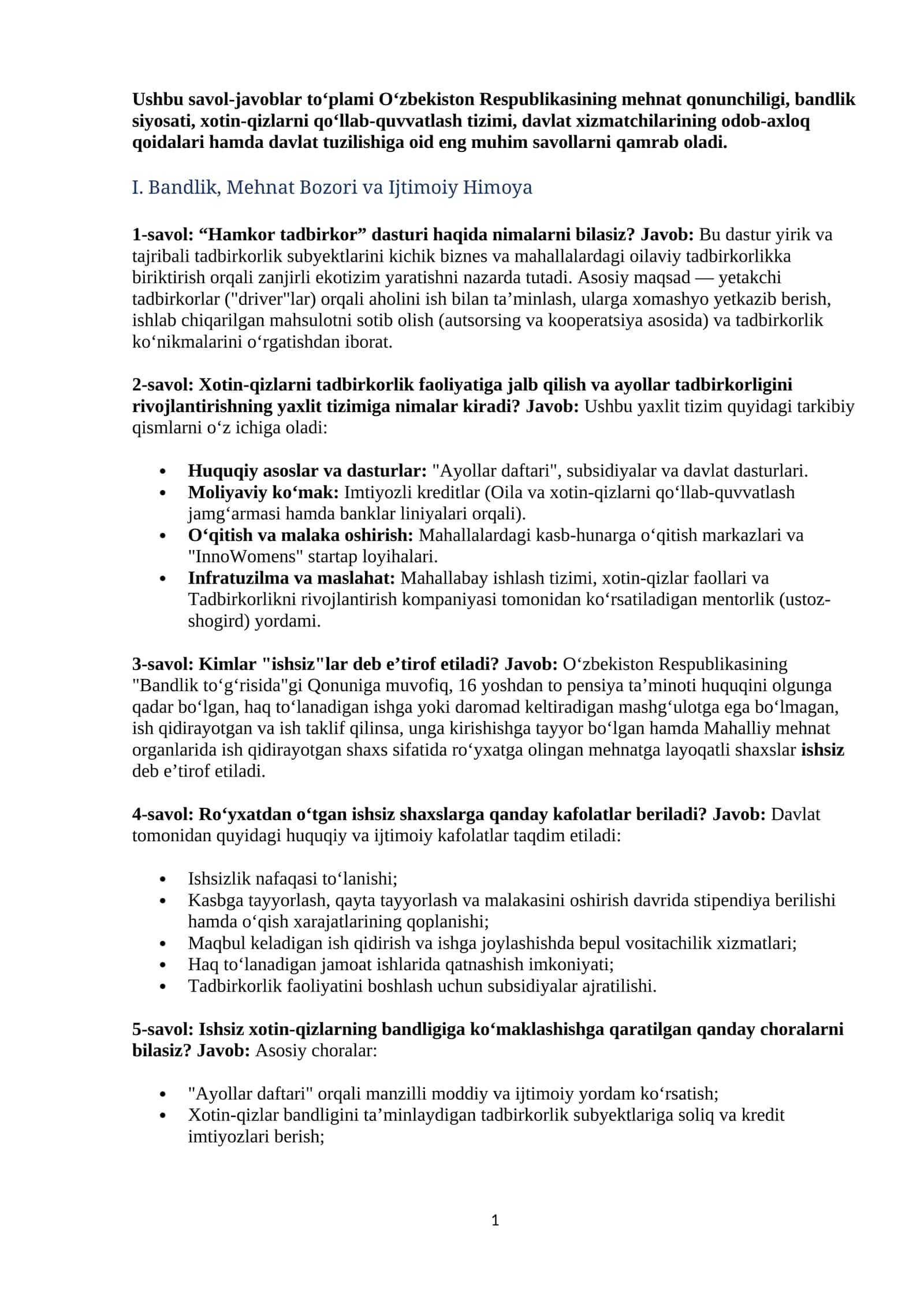 Agros 2026 suhbar salollari javoblari bilan ( Bandlik va tadbirkorlik yo'nalishi )