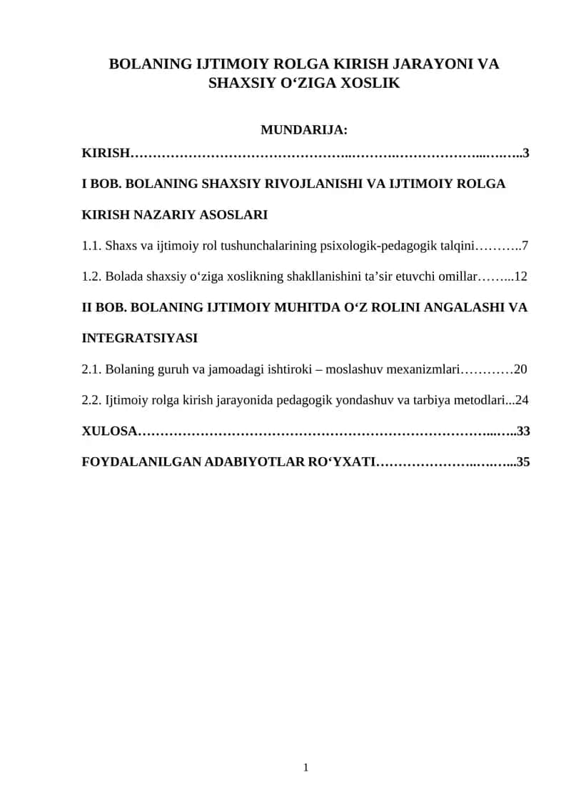Bolaning ijtimoiy rolga kirish jarayoni va shaxsiy oʻziga xoslik