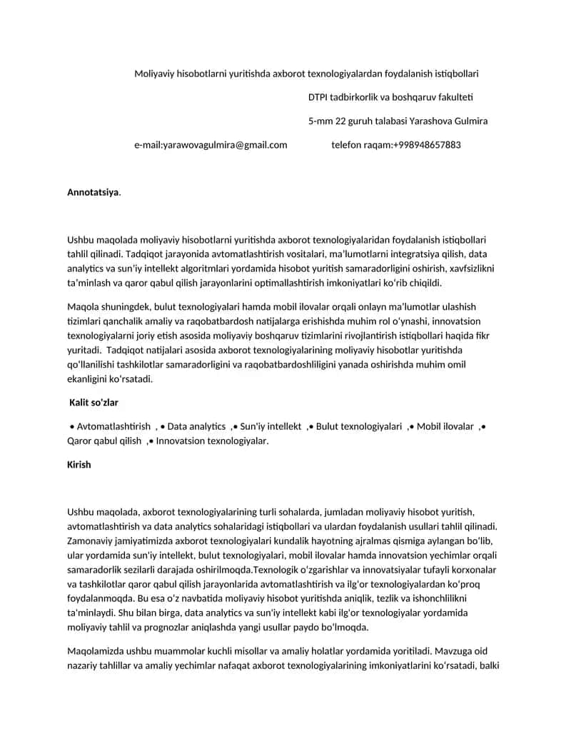 Moliyaviy hisobotlarni yuritishda axborot texnologiyalardan foydalanish istiqbollari