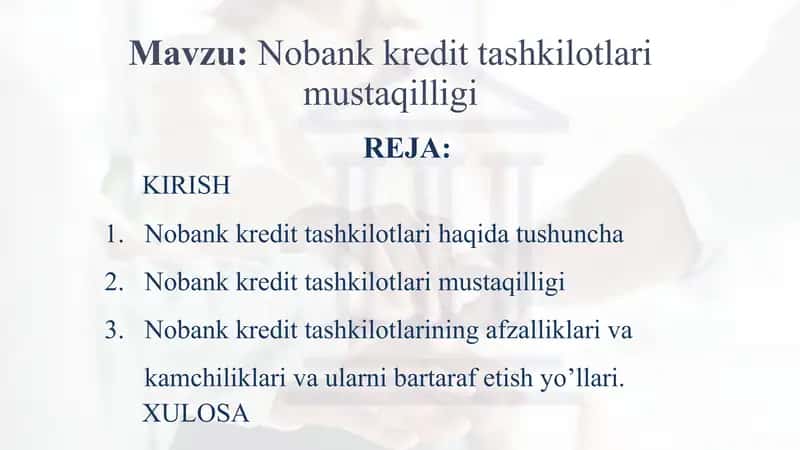 Nobank kredit tashkilotlari mustaqilligi