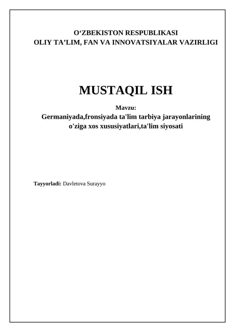 Germaniya va Fransiyada ta'lim tizimining tuzilishi va o'ziga xos xususiyatlari