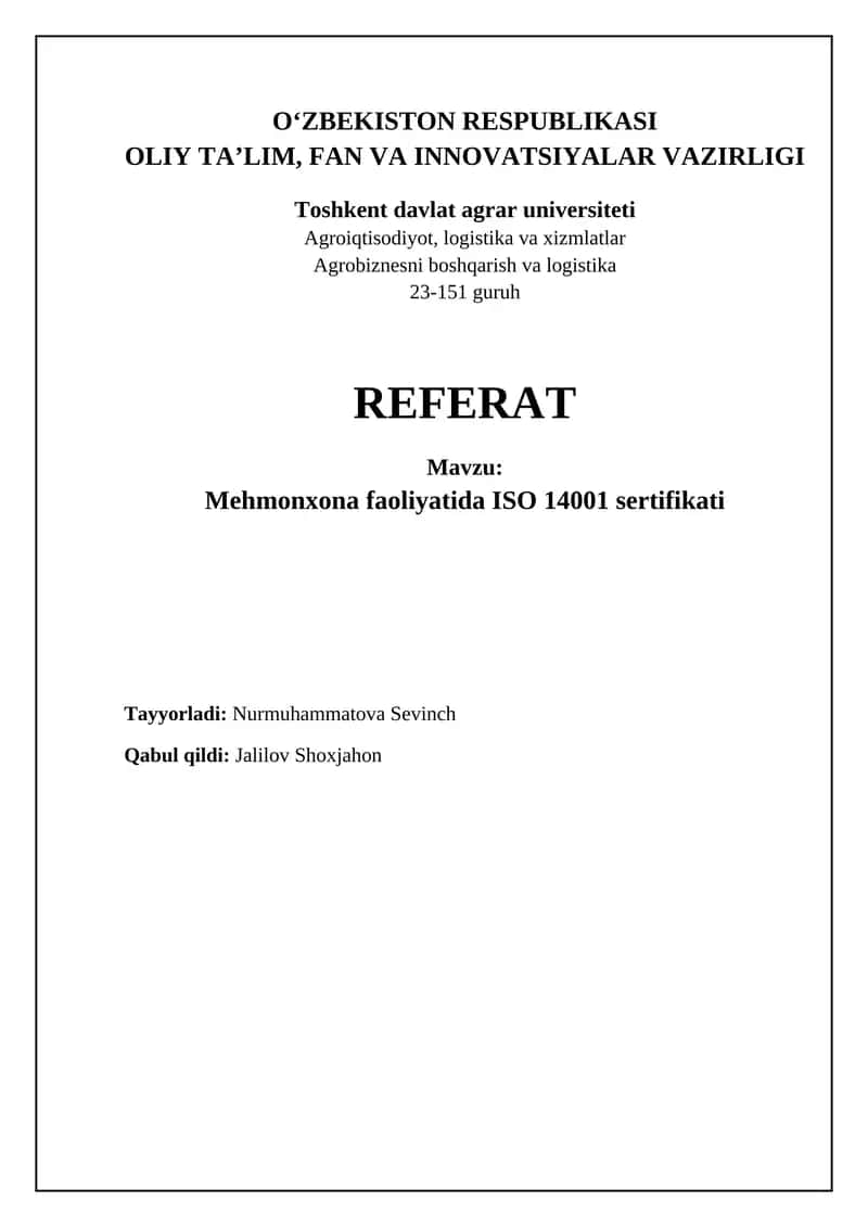 Mehmonxona faoliyatida ISO 14001 sertifikati