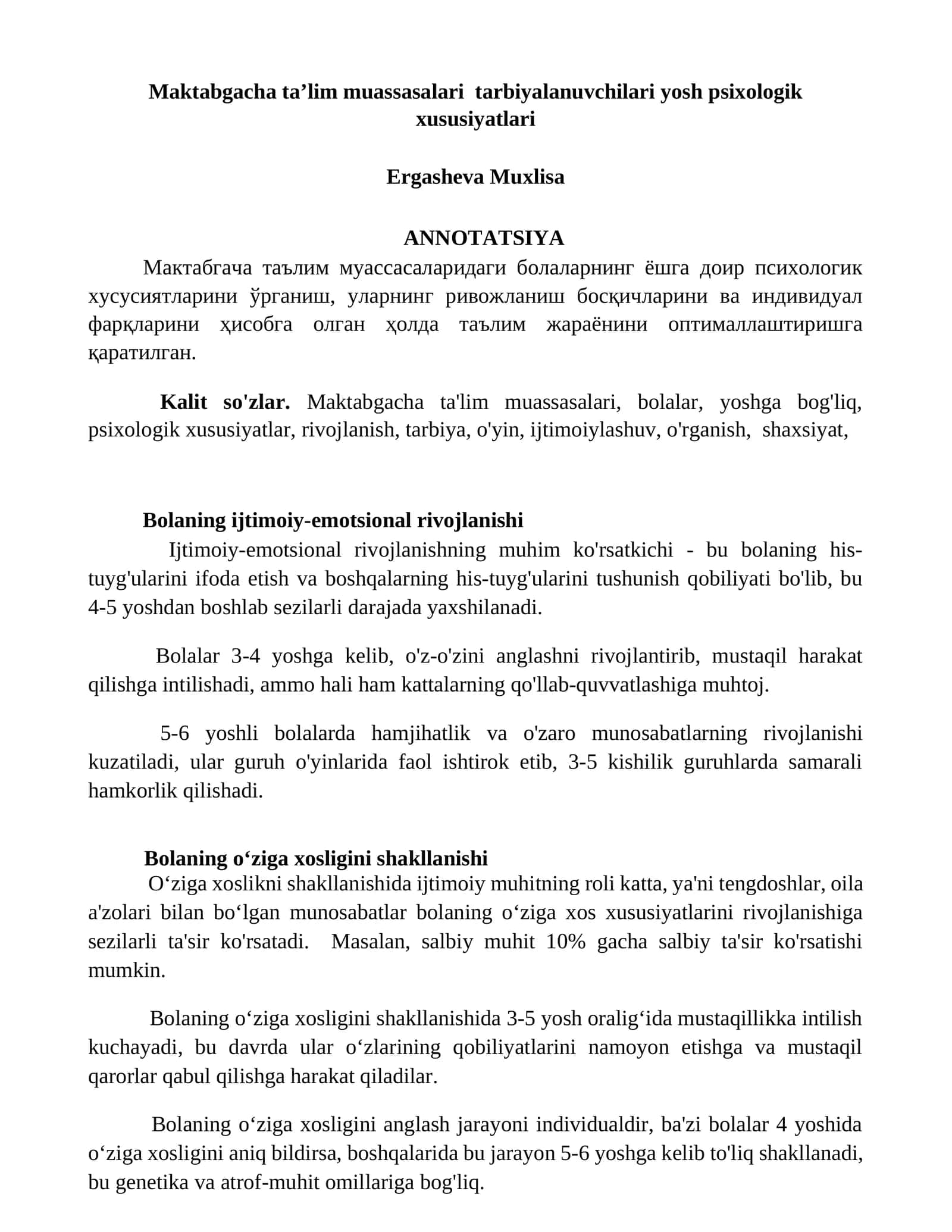 Maktabgacha taʼlim muassasalari tarbiyalanuvchilari yosh psixologik xususiyatlari