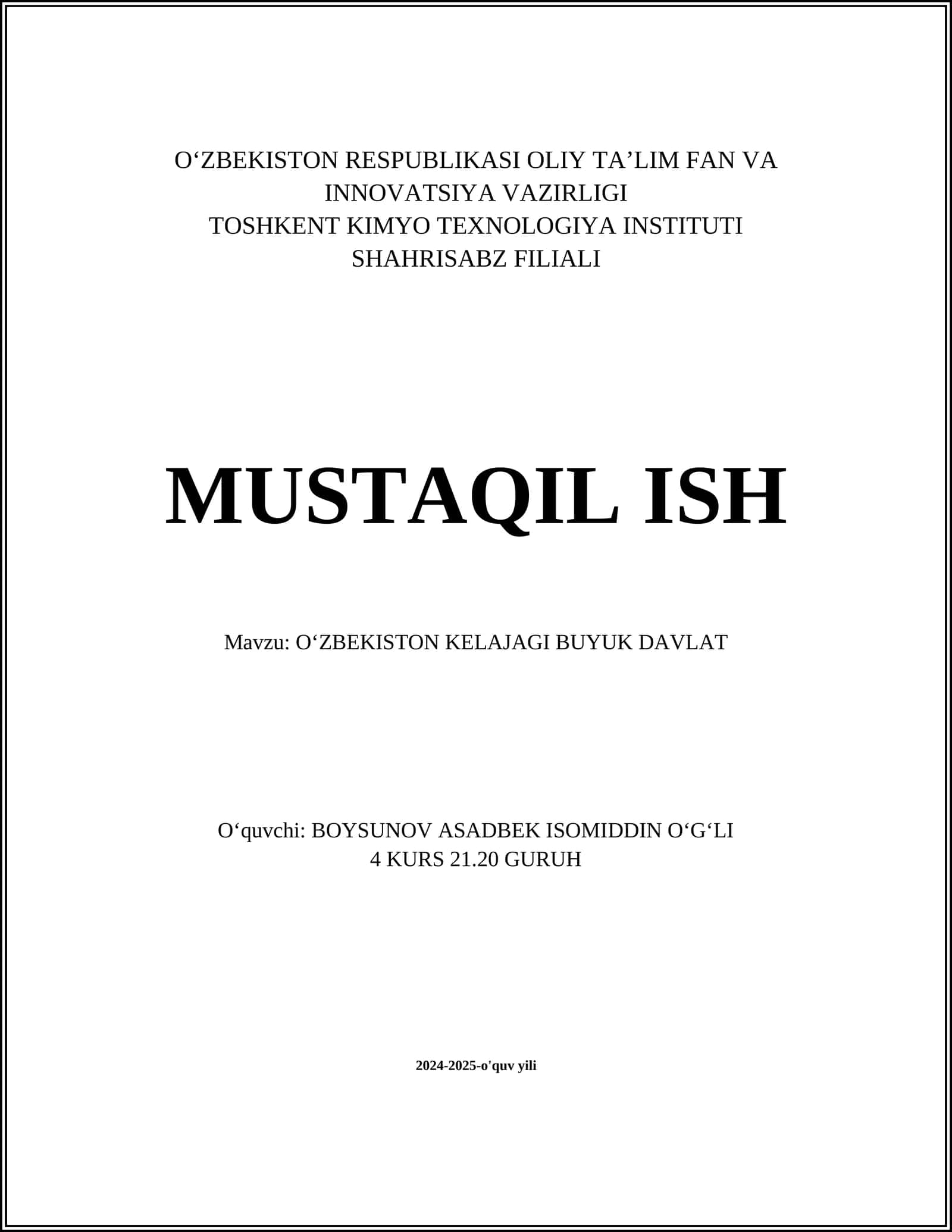 O'ZBEKISTON KELAJAGI BUYUK DAVLAT