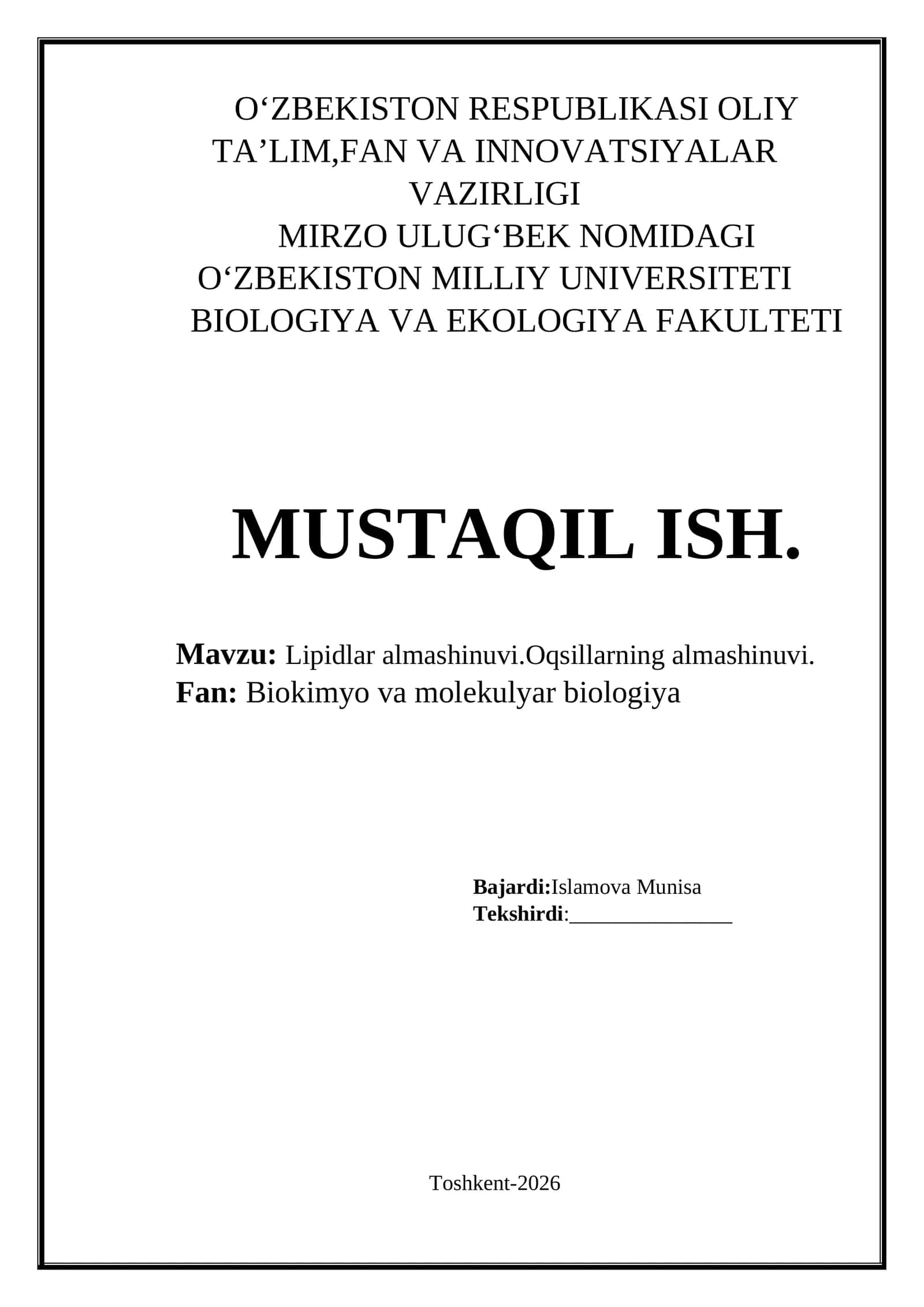 Lipidlar almashinuvi.Oqsillarning almashinuvi