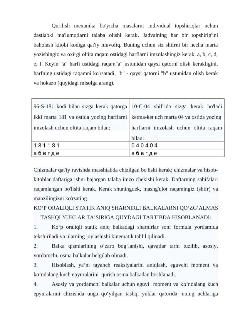 KО‘P ORALIQLI STATIK ANIQ SHARNIRLI BALKALARNI QО‘ZG‘ALMAS TASHQI YUKLAR TA’SIRIGA QUYDAGI TARTIBDA HISOBLANADI