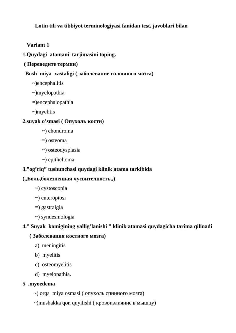 Lotin tili va tibbiyot terminologiyasi fanidan test, javoblari bilan
