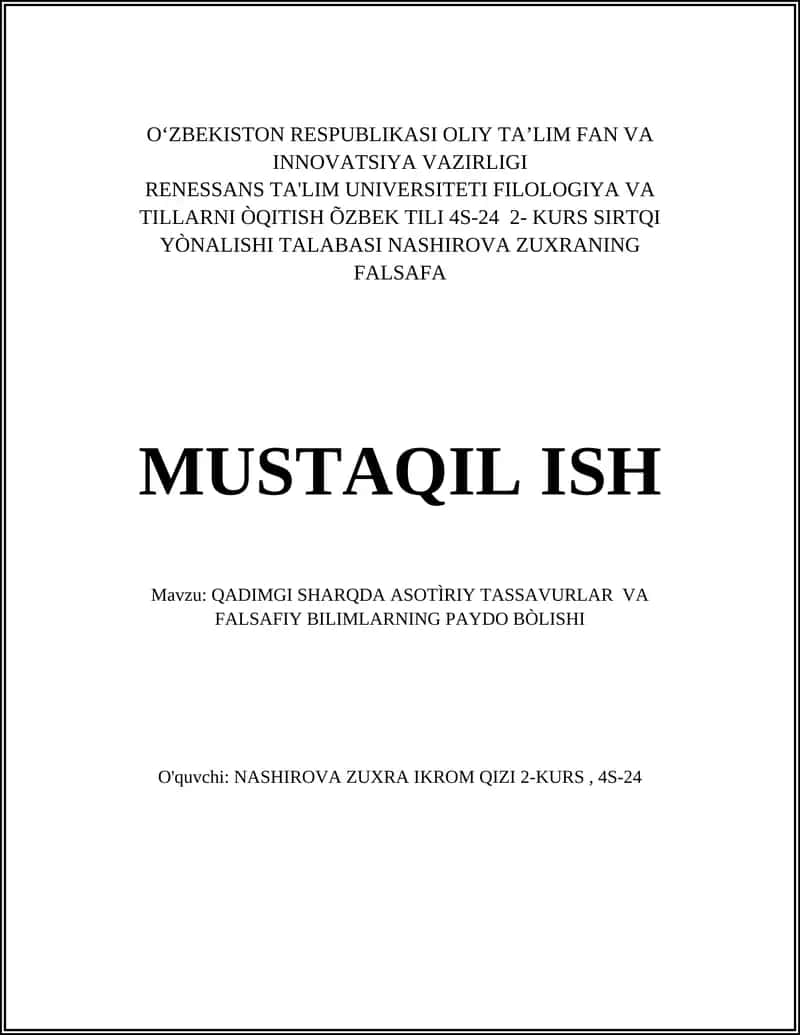 QADIMGI SHARQDA ASOTÌRIY TASSAVURLAR VA FALSAFIY BILIMLARNING PAYDO BÒLISHI
