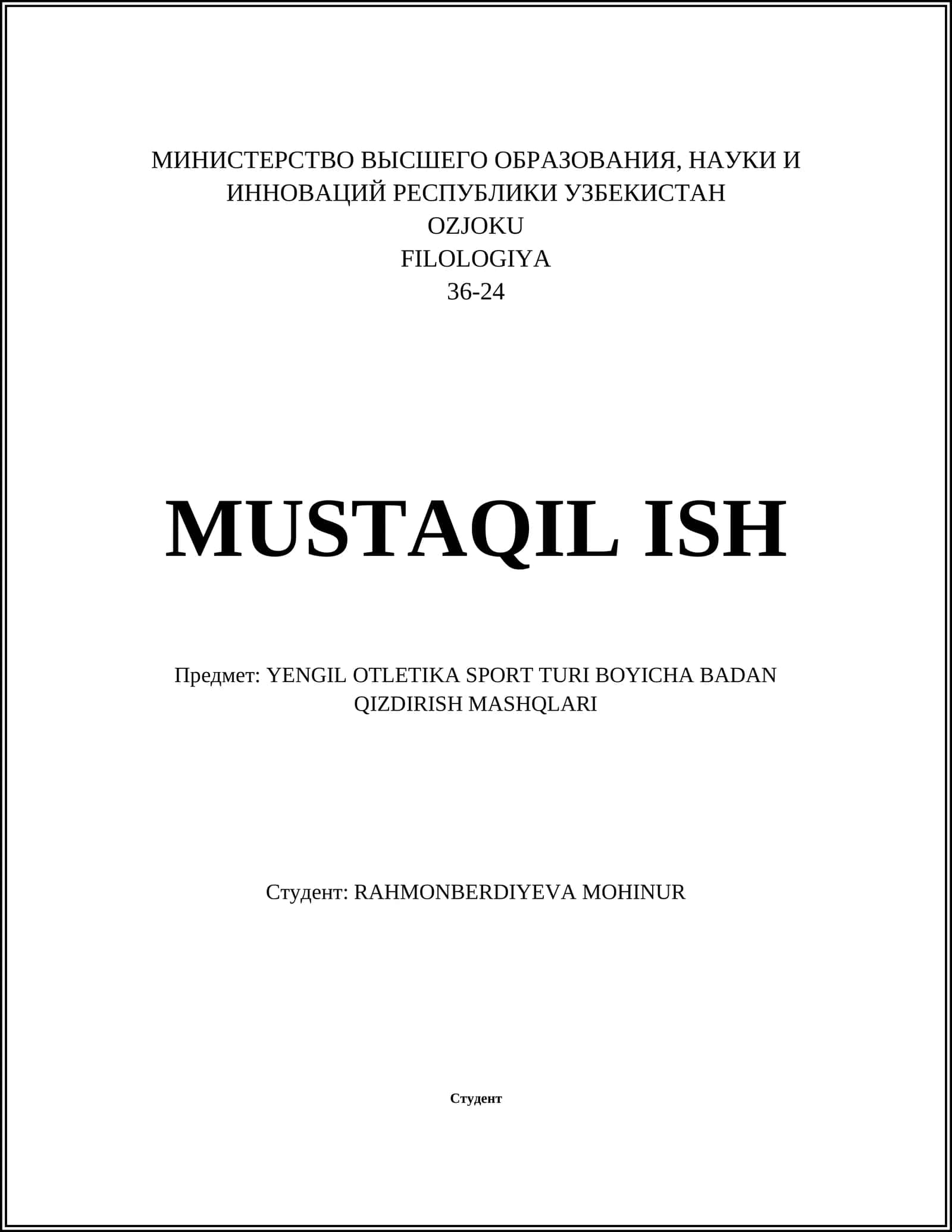 YENGIL OTLETIKA SPORT TURI BOYICHA BADAN QIZDIRISH MASHQLARI