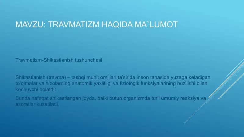 Travmatizm. Shikastlanish. Birinchi yordam