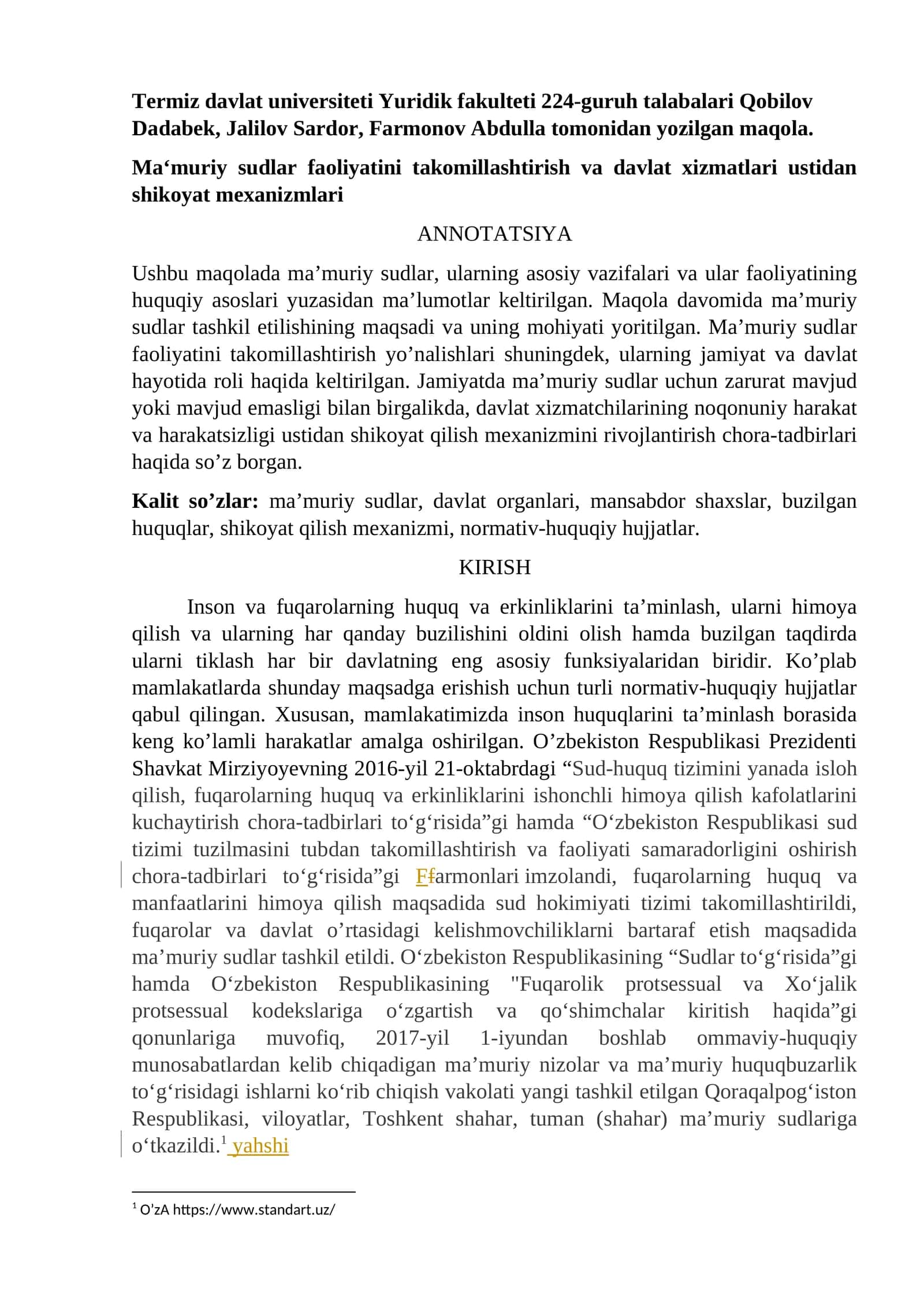 Ma'muriy sudlar faoliyatini takomillashtirish va davlat xizmatlari ustidan shikoyat mexanizmlari