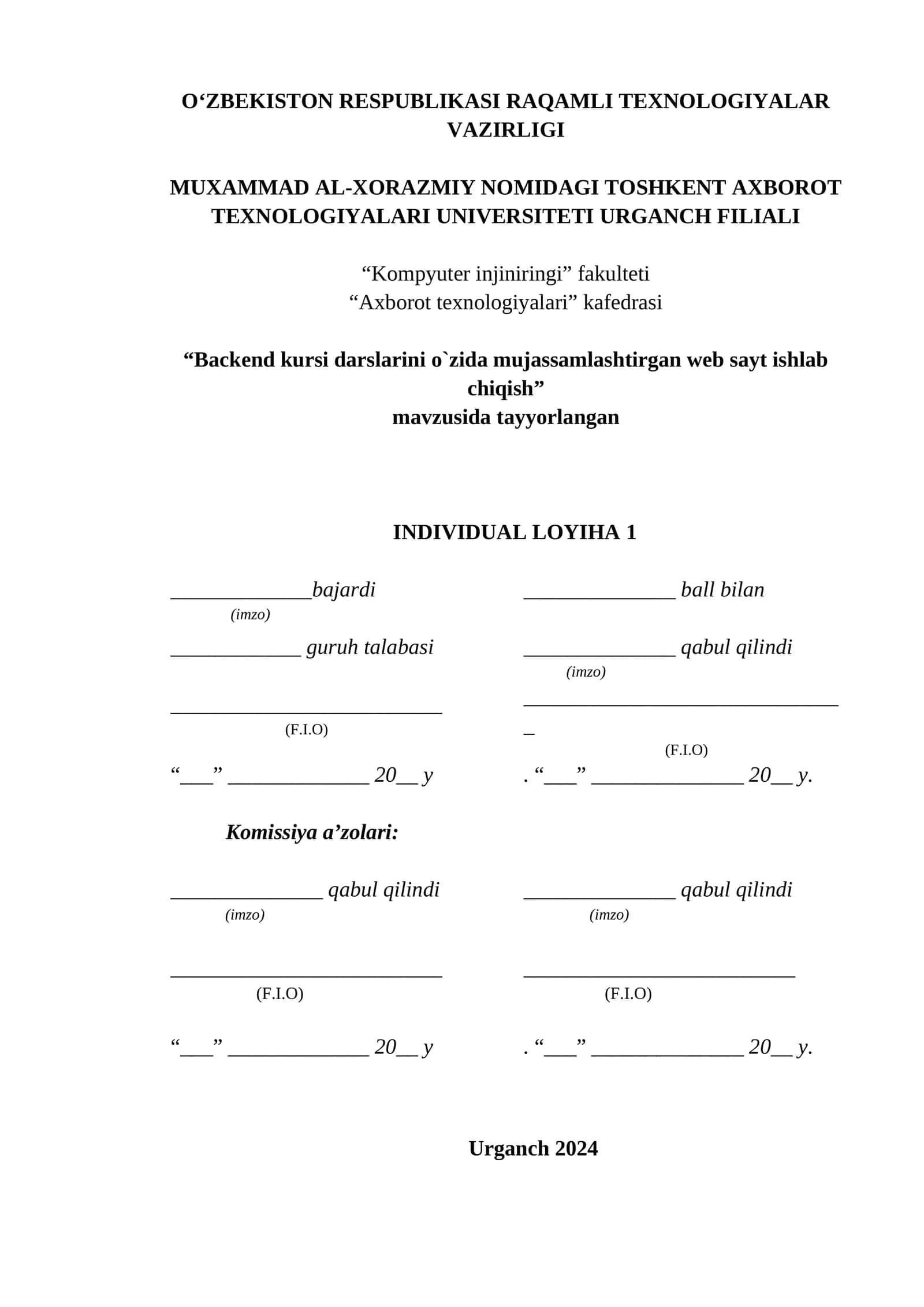 Backend kursi darslarini o`zida mujassamlashtirgan web sayt ishlab chiqish