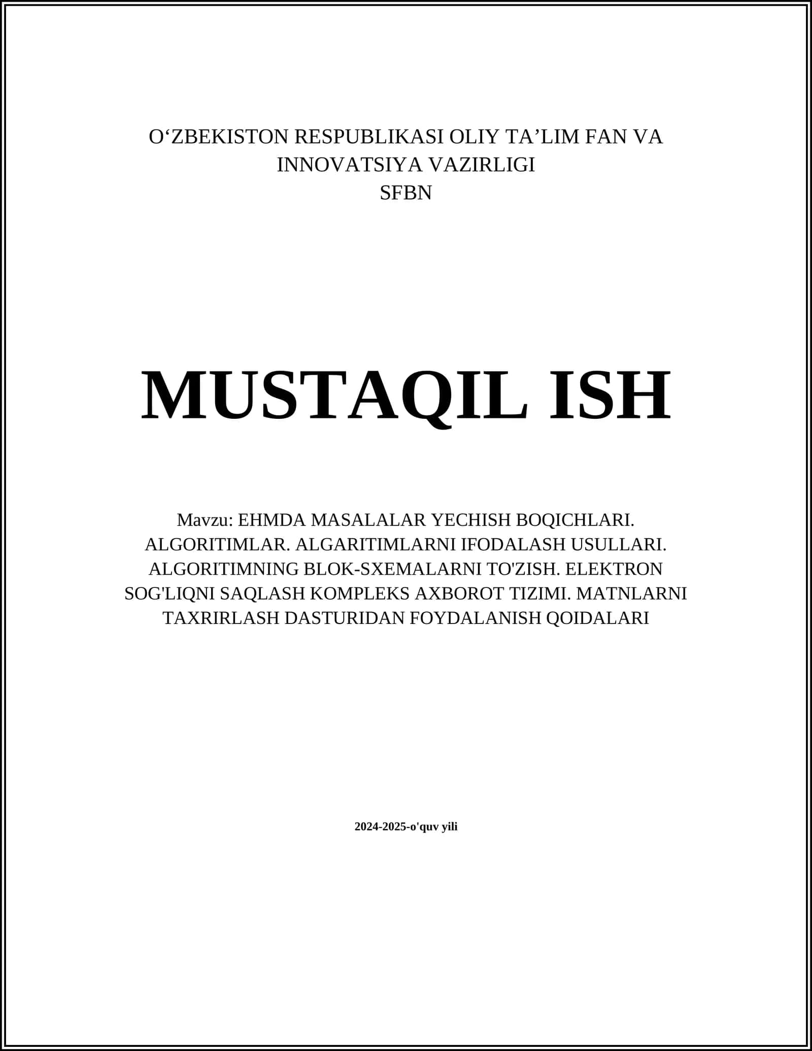 EHMDA MASALALAR YECHISH BOQICHLARI