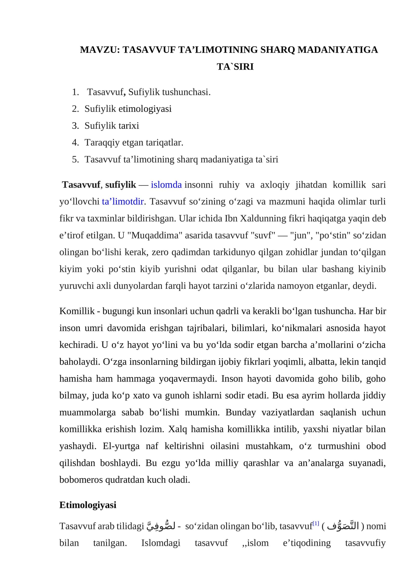 TASAVVUF TAʼLIMOTINING SHARQ MADANIYATIGA TA`SIRI