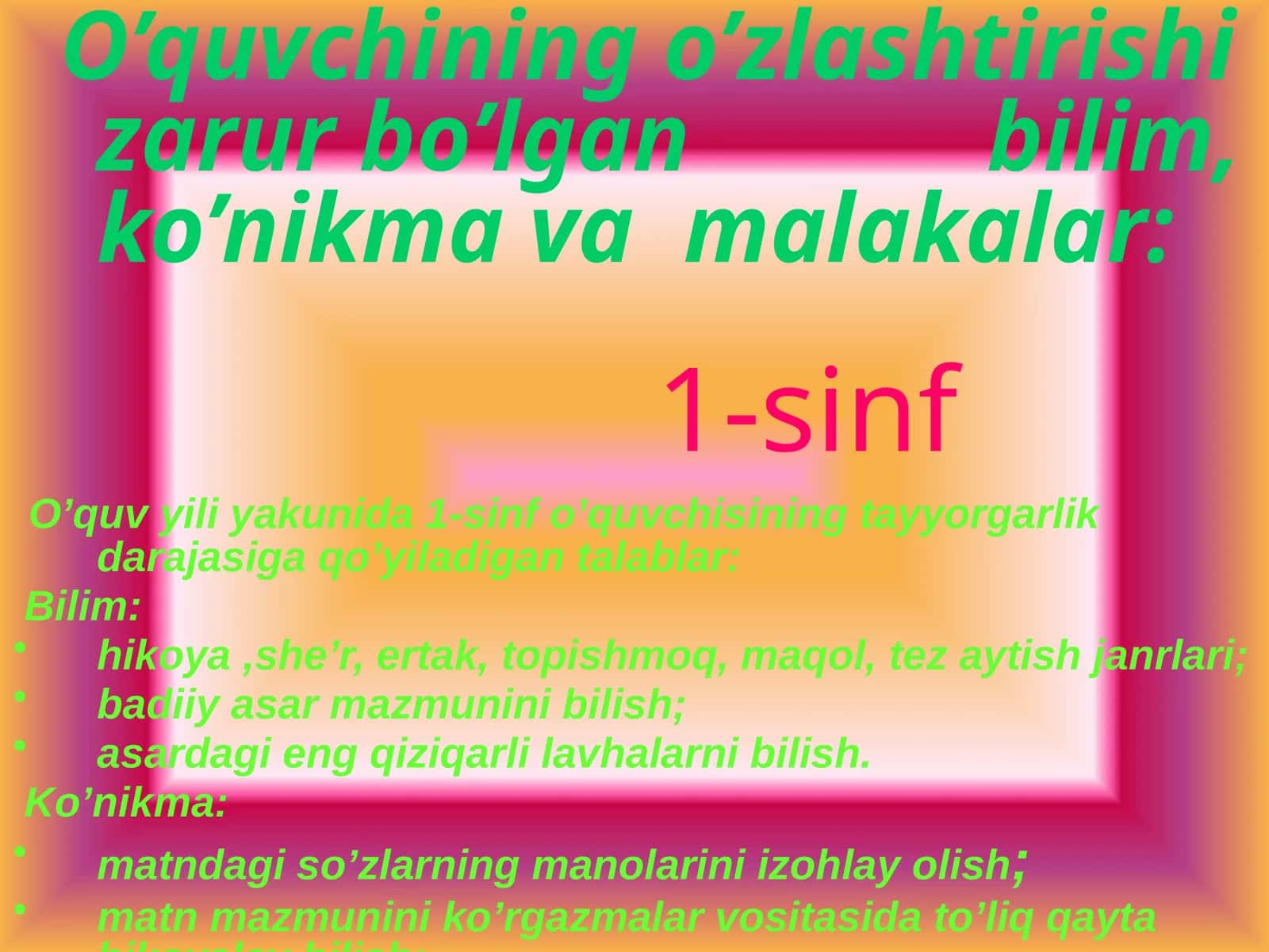 O’quvchining o’zlashtirishi zarur bo’lgan bilim, ko’nikma va malakalar