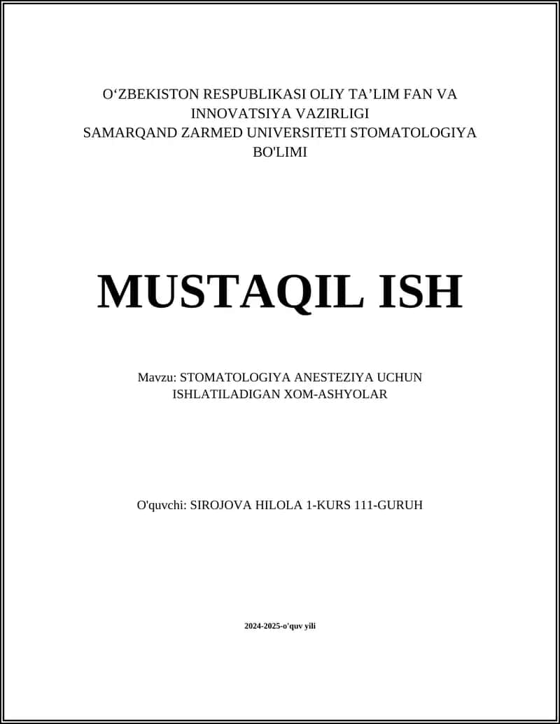 STOMATOLOGIYA ANESTEZIYA UCHUN ISHLATILADIGAN XOM-ASHYOLAR