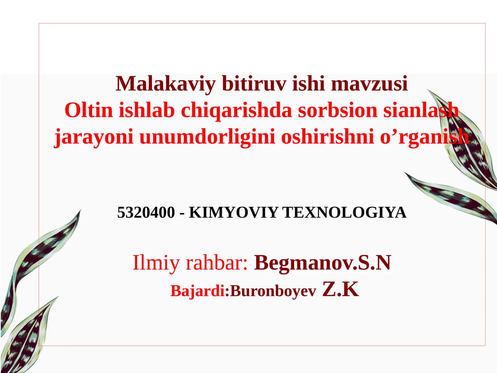 Oltin ishlab chiqarishda sorbsion siyanlash jarayoni unumdorligini oshirishni o’rganish