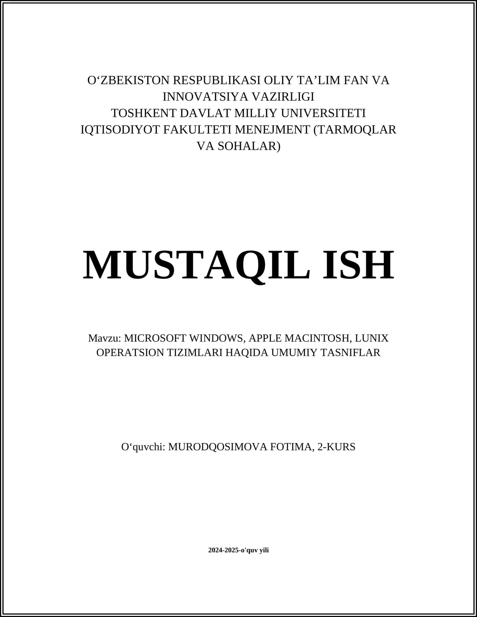 MICROSOFT WINDOWS, APPLE MACINTOSH, LUNIX OPERATSION TIZIMLARI HAQIDA UMUMIY TASNIFLAR