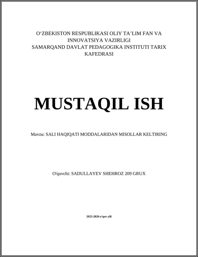 SALI HAQIQATI MODDALARIDAN MISOLLAR KELTIRING